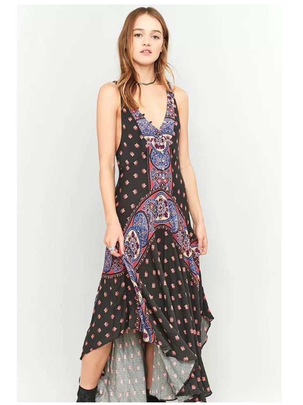 Free People Black Maxi Dress with Orange & Blue Paisley Accents